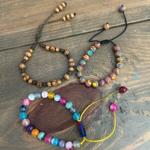 Lot of 3 wood, glass, clay adjustable bracelets boho hand made in Mexico